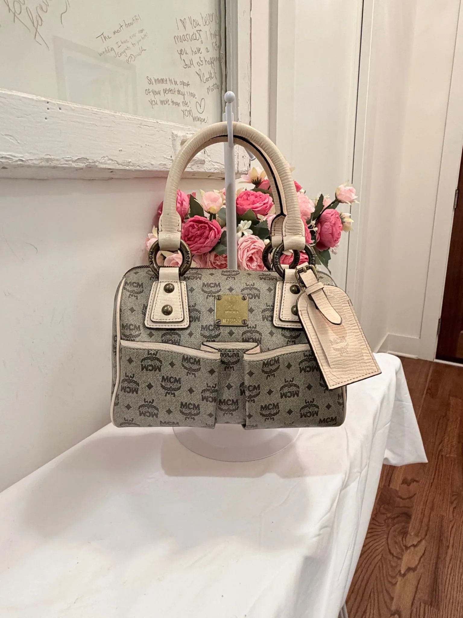 Authenticated Limited Edition Cream Visetos MCM Boston 20 — pre-owned luxury designer bag | LaceLuxx